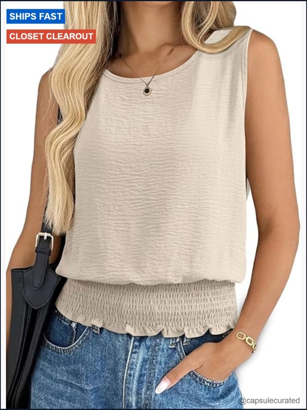 Smocked Hem Tank Top Casual Sleeveless Cami Blouse Stretchy Summer Top